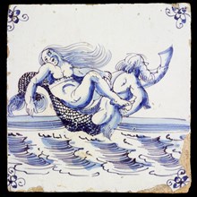Scene gene, merman with horn with naked woman on his back, in running water to the right, corner motif spider, wall tile