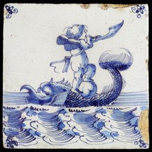 Scene tile, winged Cupid with one foot on globe and horn blowing, corner motif spider, wall tile tile sculpture ceramic