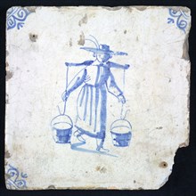 Figure tile, blue with woman with yoke with two buckets, big sun hat, corner pattern ox head, wall tile tile sculpture ceramic