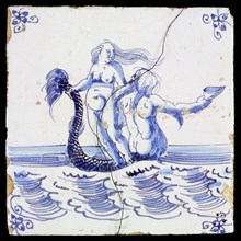Scene tile, woman standing on the tail of merman, corner pattern spider, wall tile tile sculpture ceramic earthenware glaze