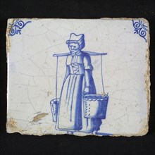 Figure tile, blue with peasant woman with yoke and two buckets, laced straitjacket, corner motif, ox-head, wall tile