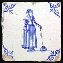 Figure tile, blue with peasant woman with broom, corner motif oxen head, wall tile tile material ceramics pottery glaze, baked