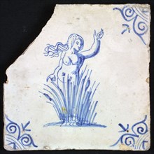 Figure tile, blue with naked woman in the reeds, waving her hair, corner motif oxen head, wall tile tile sculpture ceramics