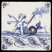 Scene tile, figure sitting on the back of fish, corner motif spider, wall tile tile sculpture ceramic earthenware glaze, baked