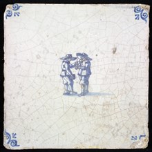 Figure tile, blue with two standing men with big hats and beer cans, corner pattern ox head, wall tile tile sculpture ceramic