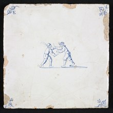 Figure tile, blue with two men fighting with knives or sticks, corner motif oxen head, wall tile tile sculpture ceramic