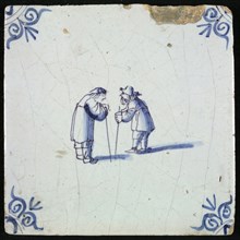 Figure tile, blue with two with old men with sticks in conversation, corner motif ox's head, wall tile tile sculpture ceramic