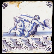 Scene tile, figure sitting on the back of merman, corner motif spider, wall tile tile sculpture ceramic earthenware glaze, baked
