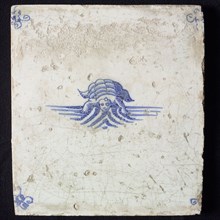Animal tile, turtle, seen from the front, on ground, in blue on white, corner motif spider, wall tile tile sculpture ceramic