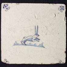 Animal tile, jumping hare to the right, in blue on white, corner motif spider, wall tile tile sculpture ceramic earthenware