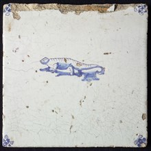 Animal tile, crocodile left, in blue on white, corner motif spider, wall tile tile sculpture ceramic earthenware glaze, baked 2x