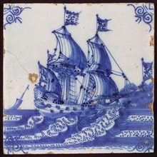 Scene tile, sailing three-master on the waves, corner motif of ox-head, wall tile tile sculpture ceramic earthenware glaze
