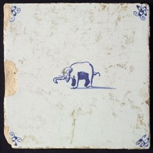 Animal tile, standing elephant to the left, in blue on white, corner motif spider, wall tile tile sculpture ceramic earthenware