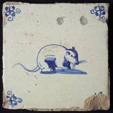 Animal tile, sitting rat to the right, in blue on white, corner motif spider, wall tile tile sculpture ceramic earthenware glaze