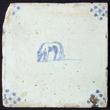 Animal tile, standing horse to the left, in blue on white, corner motif spider, wall tile tile sculpture ceramic earthenware
