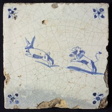 Animal tile, jumping hare followed by jumping dog to the left, in blue on white, corner motif spider, wall tile tile sculpture