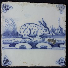 Animal tile, sitting dotted hare to the right on continuous plot, building with tower in the background, in blue on white