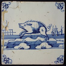 Animal tile, jumping boar to the left on continuous plot, water with three sailing ships in the background, in blue on white