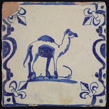 wall tile tile sculpture ceramics pottery glaze, baked 2x glazed painted Square. Blue dromedary on white background. Baluster