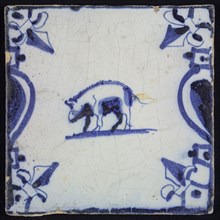 Animal tile, standing boar to the left between balusters, in blue on white, corner pattern french lily, wall tile tile sculpture