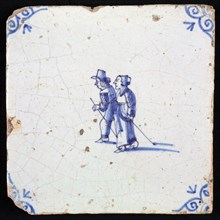 Figure tile, blue with set, running with sticks, corner motif oxen head, wall tile tile sculpture ceramic earthenware glaze