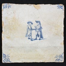 Figure tile, blue with two noblemen in conversation, corner motif ox's head, wall tile tile sculpture ceramic earthenware glaze
