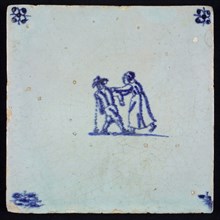 Figure tile, blue with vomiting man and woman pulling on his arm, corner motif spider, wall tile tile sculpture ceramic
