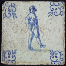 Profession tile, blue with running man, corner motif voluut, wall tile tile sculpture ceramic earthenware glaze, baked 2x glazed