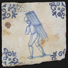 Profession tile, blue with running man with beams on the back, corner motif voluut, wall tile tile sculpture ceramic earthenware