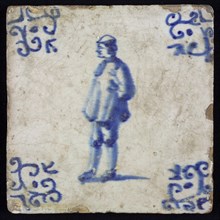 Figure tile, blue with standing nobleman, corner motif voluut, wall tile tile sculpture ceramic earthenware glaze, baked 2x