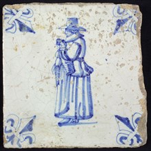 Figure tile, blue with woman with baby on the arm, corner pattern lily, wall tile tile sculpture ceramic earthenware glaze