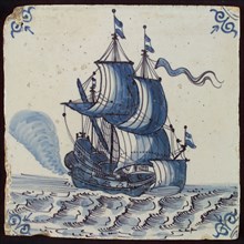 Scene tile, three-master at sea, Dutch flag in top, corner motif of ox-head, wall tile tile sculpture ceramic earthenware glaze