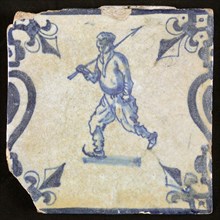 Figure tile, blue with skating farmer with spear over the shoulder, between balusters with lily, wall tile tile sculpture