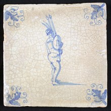 Figure tile, blue with bagpipe player, corner motif, vane leaf, wall tile tile sculpture ceramic earthenware glaze, baked 2x