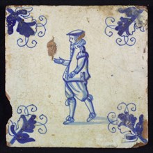 Figure tile, blue with running nobleman with knickerbockers, corner motif, vane leaf, wall tile tile sculpture ceramic