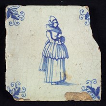 Figure tile, blue with standing lady with millstone collar and included overcoat, corner motif, vane leaf, wall tile