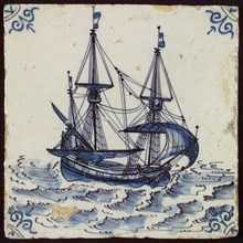 Scene tile, three-master, sailing at sea with jib, corner motif of ox-head, wall tile tile sculpture ceramic earthenware glaze