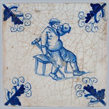 Figure tile, blue with man sitting on bench, stool in hand, drinking from crucible, corner motif, wall tile tile sculpture