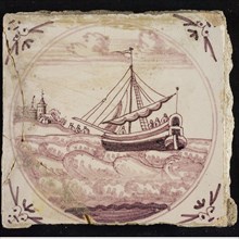 Scene tile, boat with prisoners and soldiers with Paul off the coast of Malta, corner motif ox's head, wall tile tile sculpture