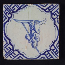 Figure tile, blue with man on the knees, pleading or praying, in scalloped frame with braces, corner motif meander, wall tile