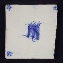 Figure tile, blue with two Chinese with kimonos, corner motif spider, wall tile tile sculpture ceramic earthenware glaze, baked