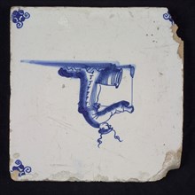 Figure tile, blue with Chinese, Barrel on the ground, man holds rope with weight in his hands, corner pattern spider, wall tile