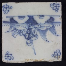 Figure tile, blue with landscape with shepherd kneeling on one knee, corner pattern spider, wall tile tile sculpture ceramic