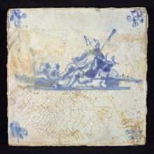 Figure tile, blue with little landscape with shepherd with big hat sitting on stone, corner motif spider, wall tile
