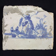 Figure tile, blue with landscape with walking shepherd with bird on the hand, corner pattern spider, wall tile tile sculpture
