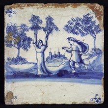 Figure tile, blue with landscape with shepherd scenes with mythological depiction of Apollo and Daphne, corner motif spider