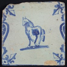 Animal tile, walking horse left between balusters, in blue on white, corner pattern french lily, wall tile tile sculpture