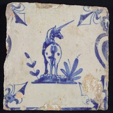 Animal tile, standing unicorn seen from behind with right-angled head on ground between balusters, in blue on white, corner