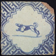 Animal tile, running dog to the left within scalloped frame with braces, in blue on white, corner motif meanders, wall tile