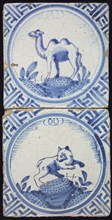 Tile of two animal tiles, standing camel left on ground and jumping animal to the right, both inside circle band, in blue on